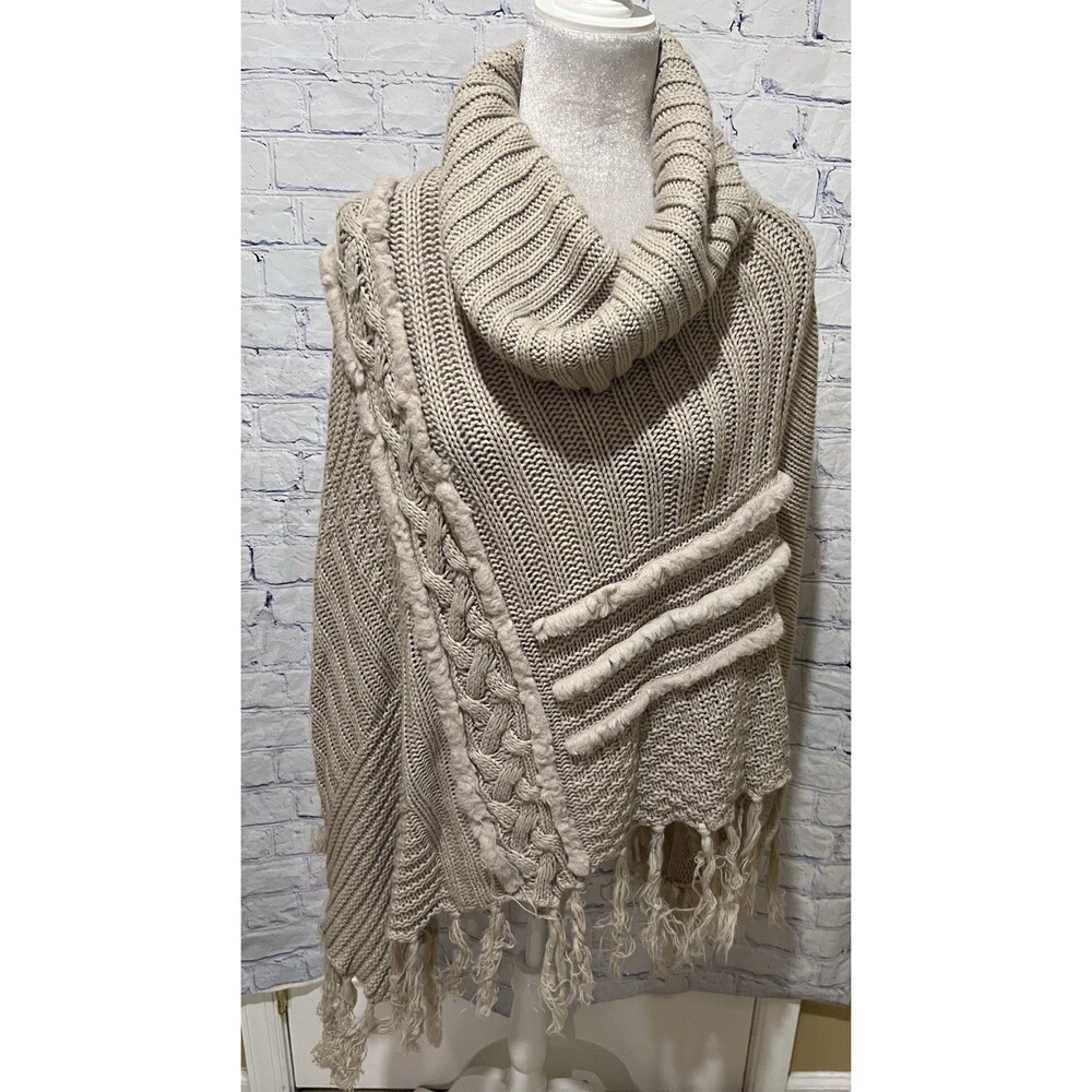 Le Moda Boutique Beige Faux Fur Cape Poncho Knitted Turtleneck Sweater One Size